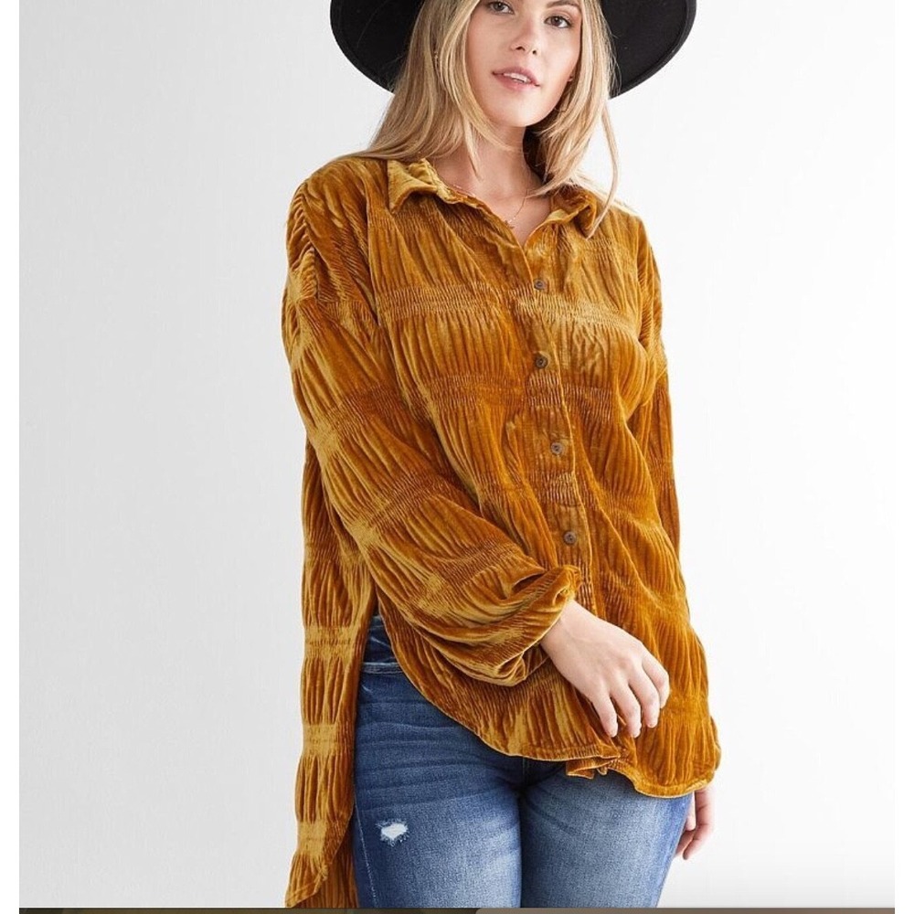 Free People Shirt My Best Button Up Ruched Velvet Spiced Ginger XS Boho 70s